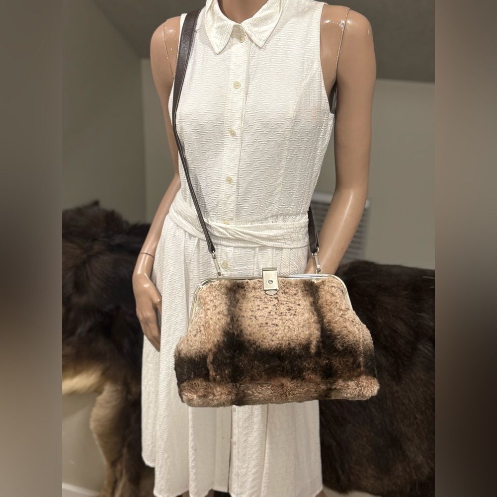 Real Rex Rabbit Fur Handmade Unique Rivet Frame Push Lock Handbag, Crossbody - Picture 12 of 16